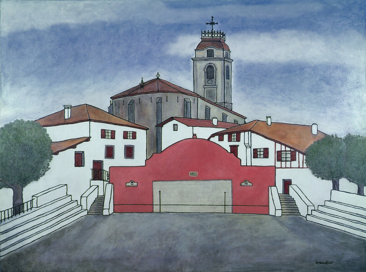 tableau de Robert Brandhof Architectures du Pays Basque : Le Fronton et l'Eglise d'Urrugne